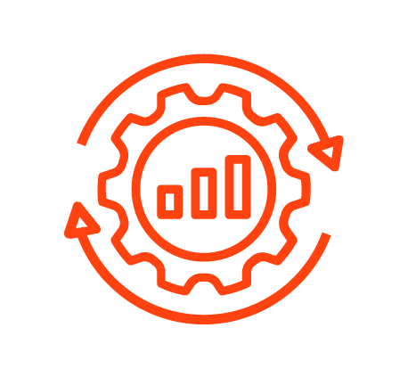 Icon of a gear with a bar chart inside and two arrows circling it, representing automation or progress.