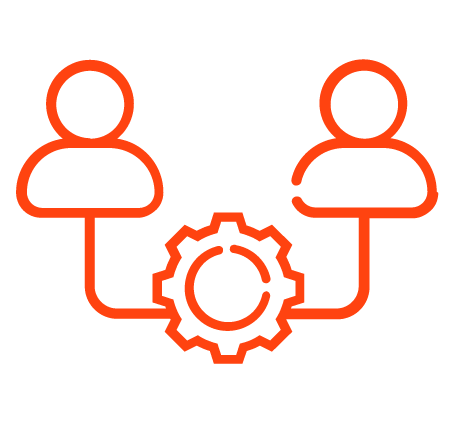 Icon of two people connected by a gear, representing collaboration or teamwork.