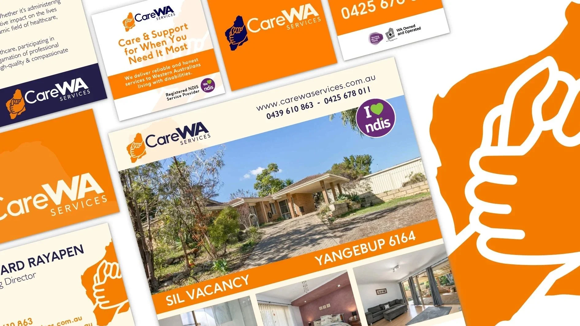Flyers and signs for Care WA Services, a healthcare organization, with orange, purple, and white color scheme. Includes images of a house, interior rooms, and contact information.