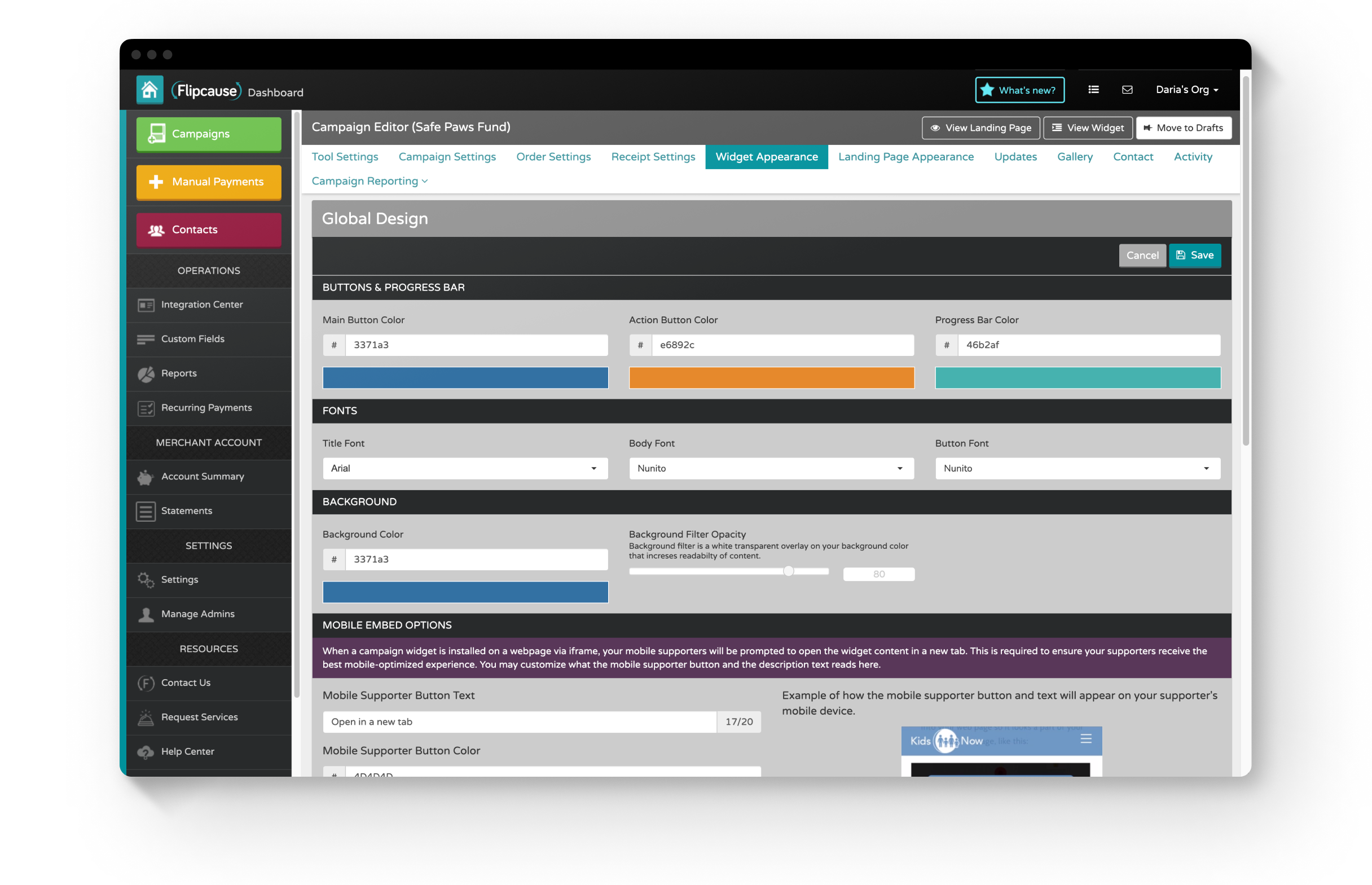 Widget Appearance settings, where users can configure colors, fonts, images and display settings for their widget