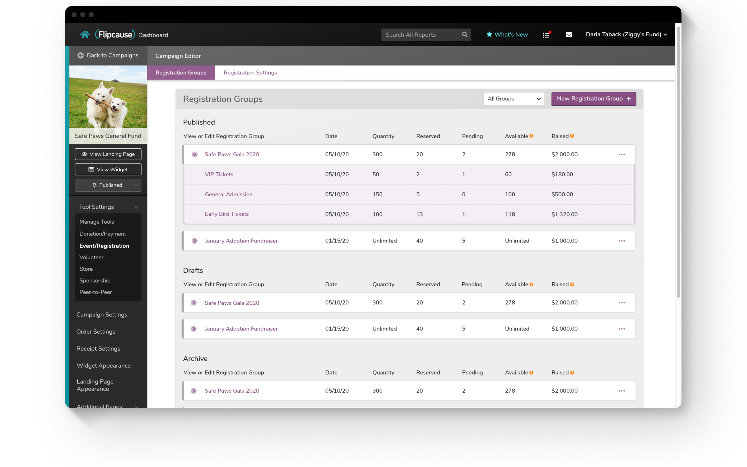 The Registration Groups page now includes a feature to toggle down and directly view and link to Registration Types. Published groups, drafts, and archived groups can be selectively viewed by a dropdown selector and sorted between categories by drag 