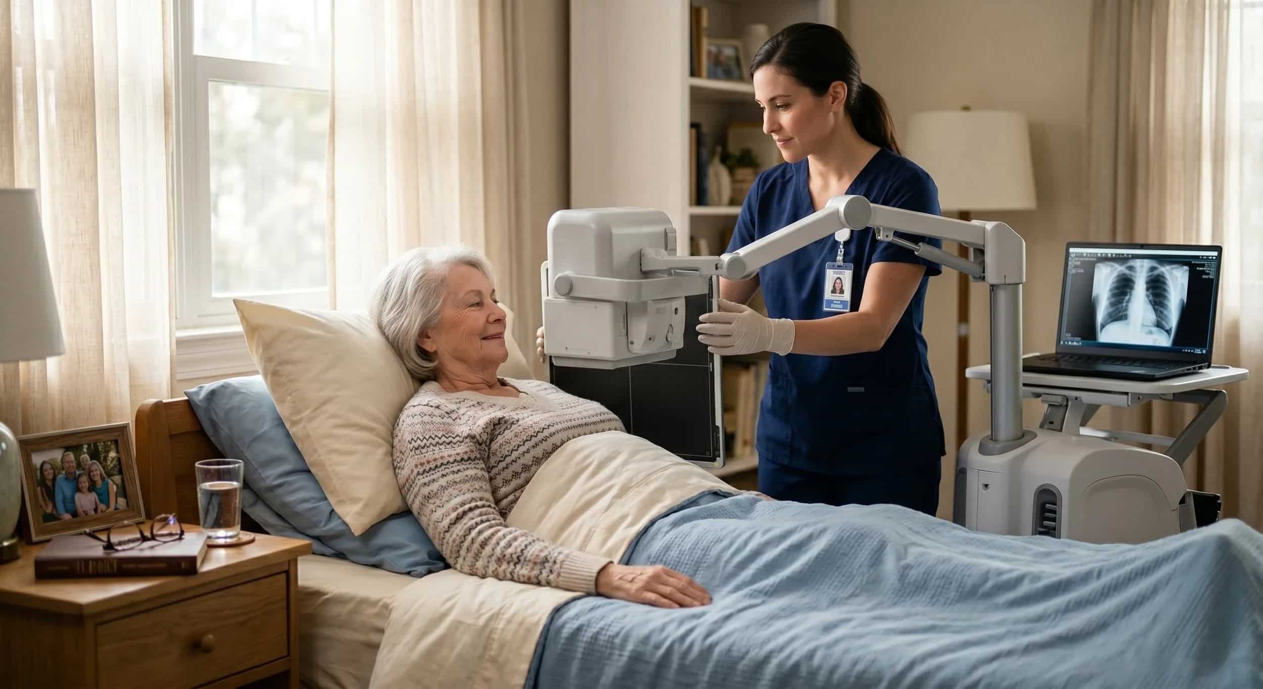 Technician performing a mobile X-ray on an elderly woman in her bed at home
