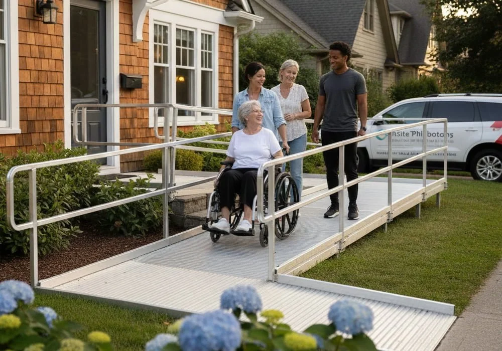 Older adult using a wheelchair going down a portable accessibility ramp with caregivers outside a residential home