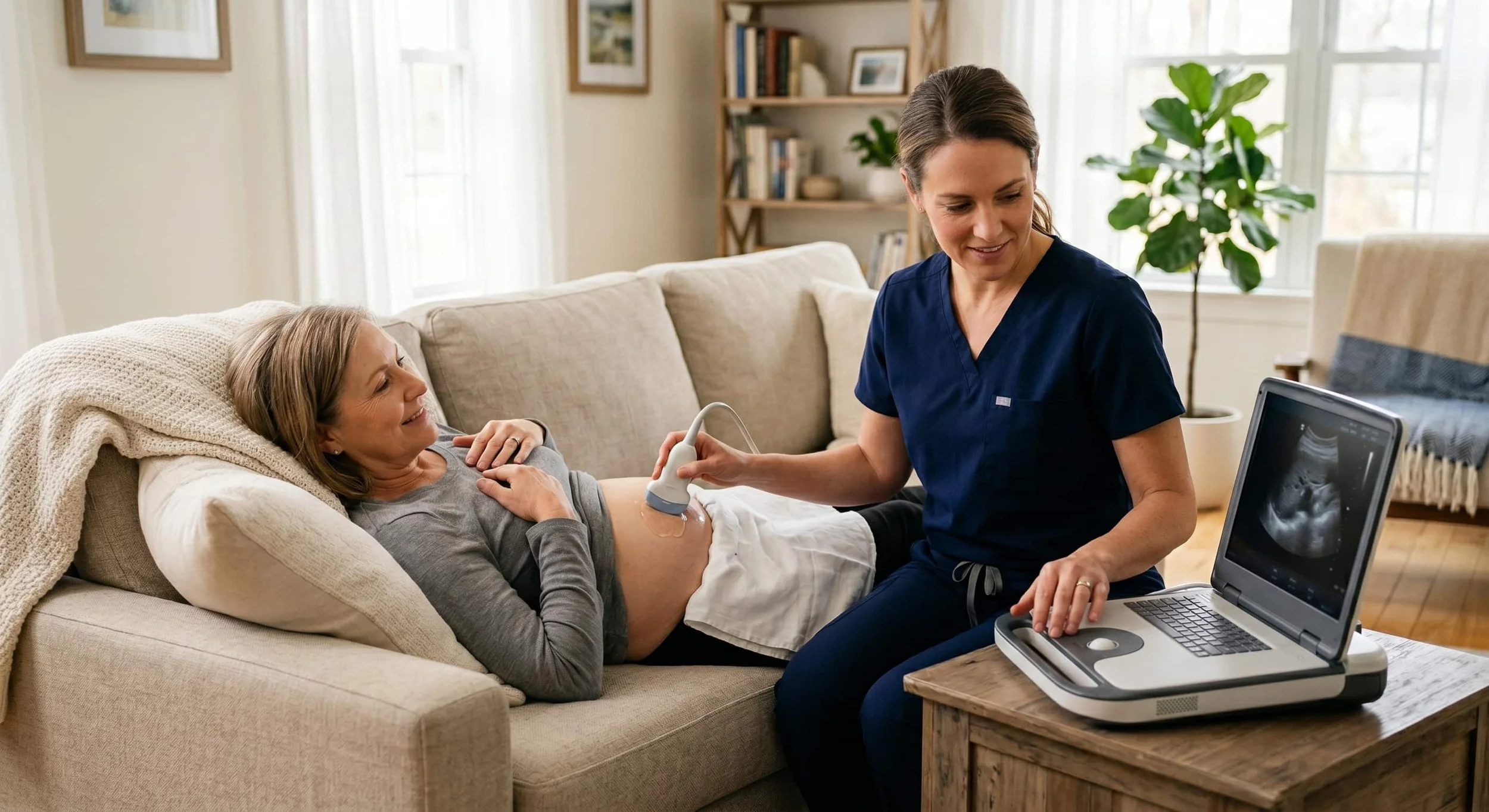 Mobile ultrasound technician performing a bedside ultrasound scan on a patient at home using a portable diagnostic device, with a small amount of gel on the upper abdomen