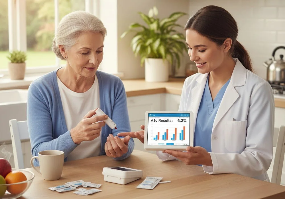 Senior woman performing an A1c home test with a nurse explaining results on a tablet at home.