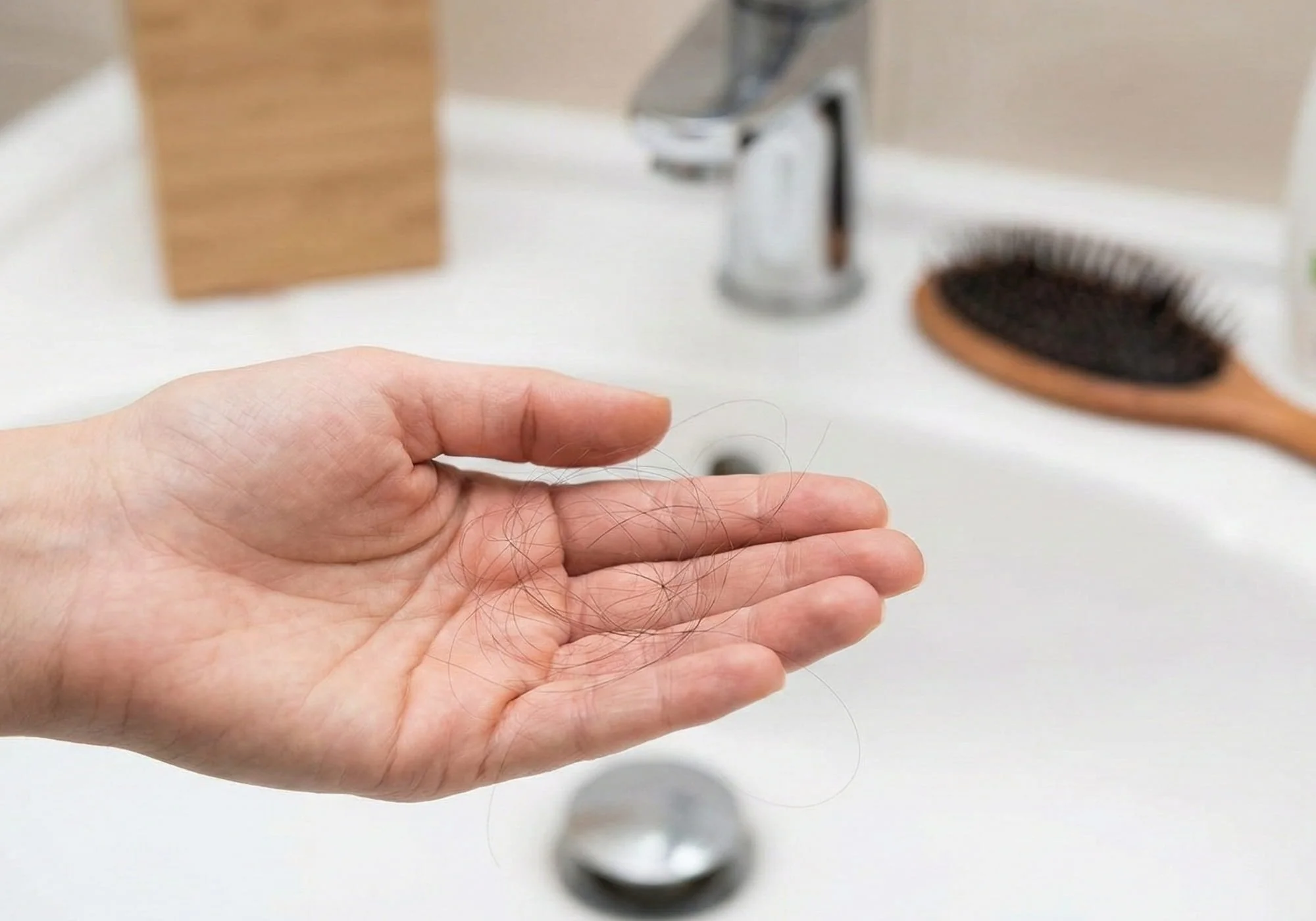 Female hand holding loose hair strands after washing, early signs of hair shedding in bathroom setting