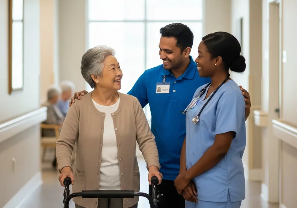Elderly woman using a walker walking down an assisted living hallway with two smiling caregivers, showing supportive staff and personalized care.