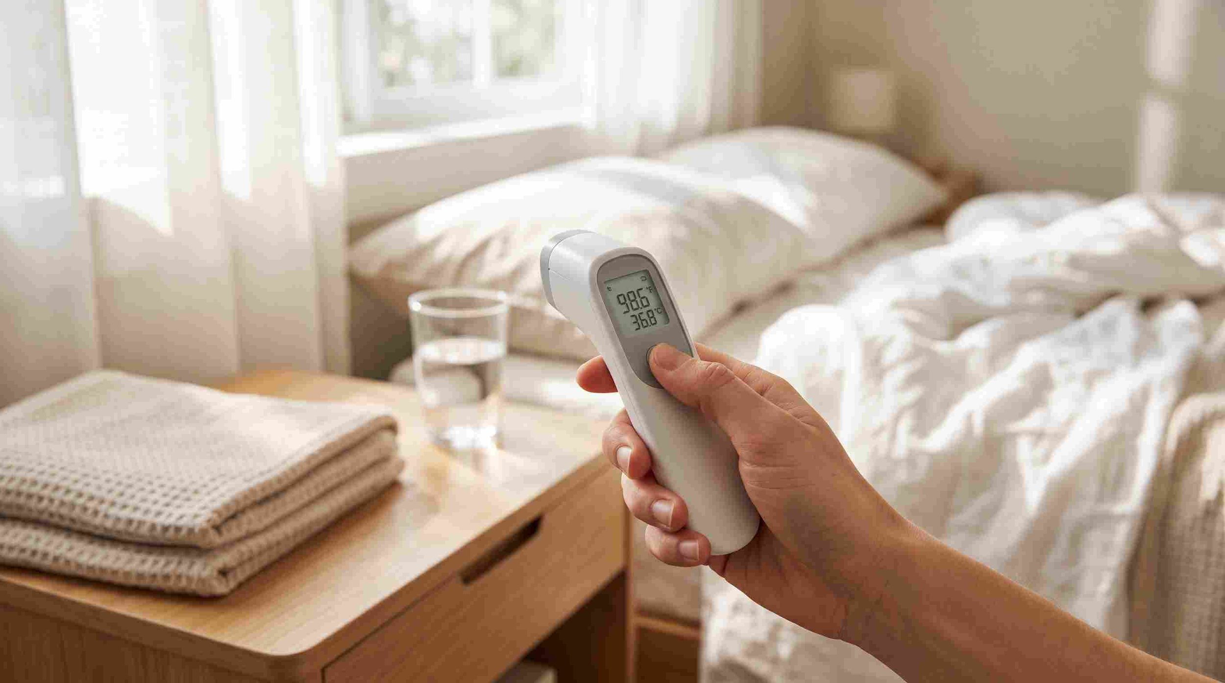 digital thermometer held up in a sunlit bedroom with a glass of water on the nightstand