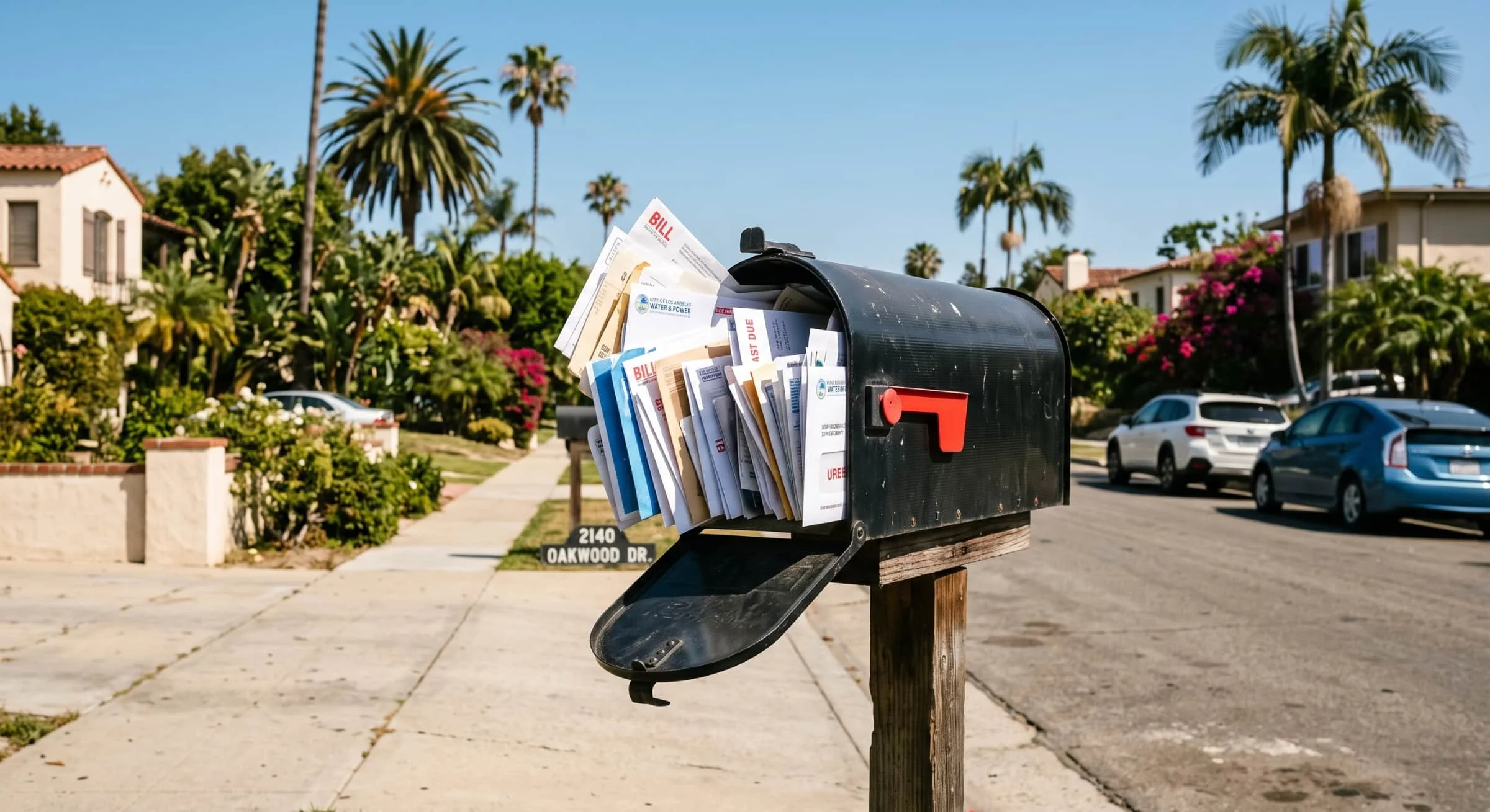 An open mailbox overflowing with identical billing envelopes on a bright front porch