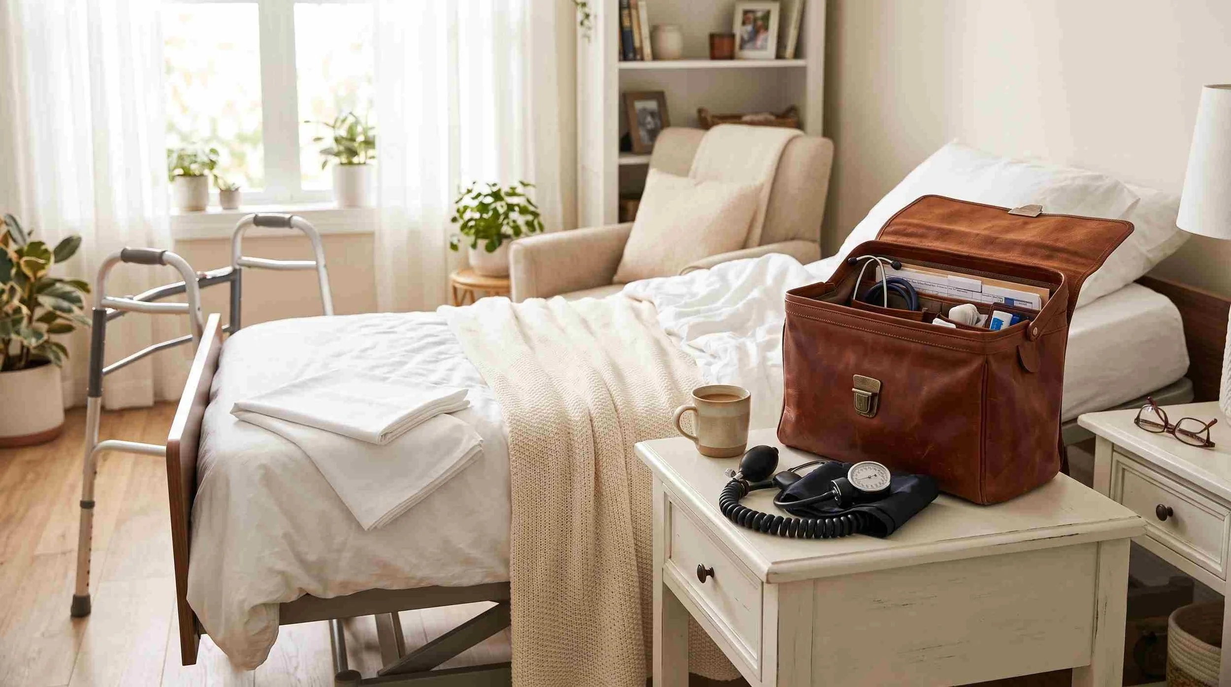 clinician's visit bag and blood pressure cuff on a bedside table beside an adjustable bed and a walker