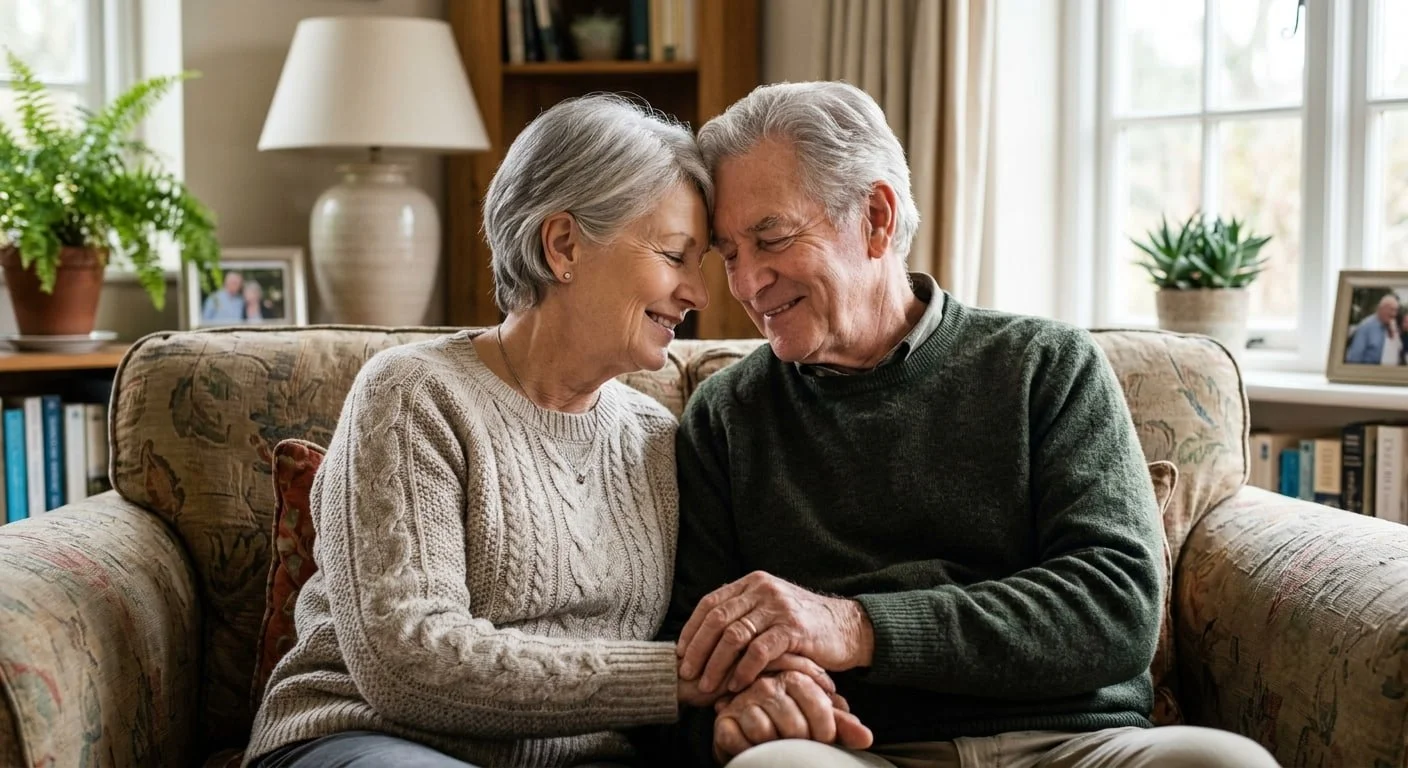 A loving senior couple in their 60s sitting close together at home, foreheads touching and holding hands, showing warmth and intimacy after 60.