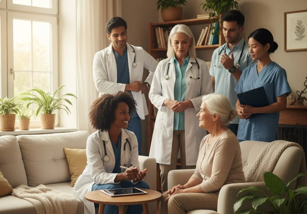 Multidisciplinary Doctor2me medical team talking with an older woman during a home visit in a warm living room.