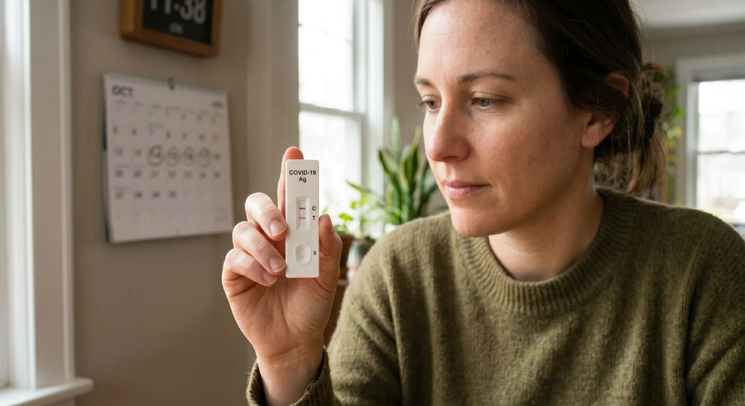 A person at home holding a COVID rapid test, counting the days since exposure in soft natural light