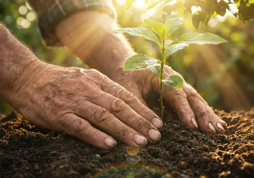 Older adult hands gently planting a small green seedling in dark soil with warm sunlight in the background.