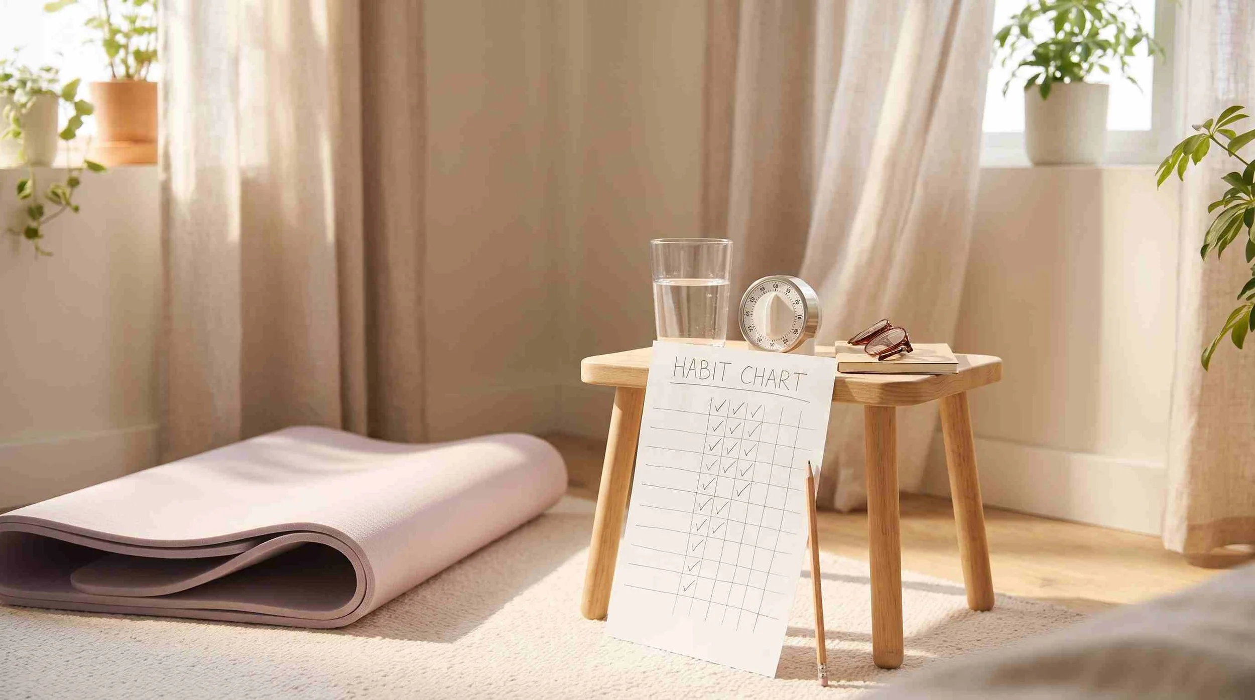 Exercise mat, timer, water glass and a paper tick chart in a sunlit bedroom corner set up for daily pelvic floor exercises