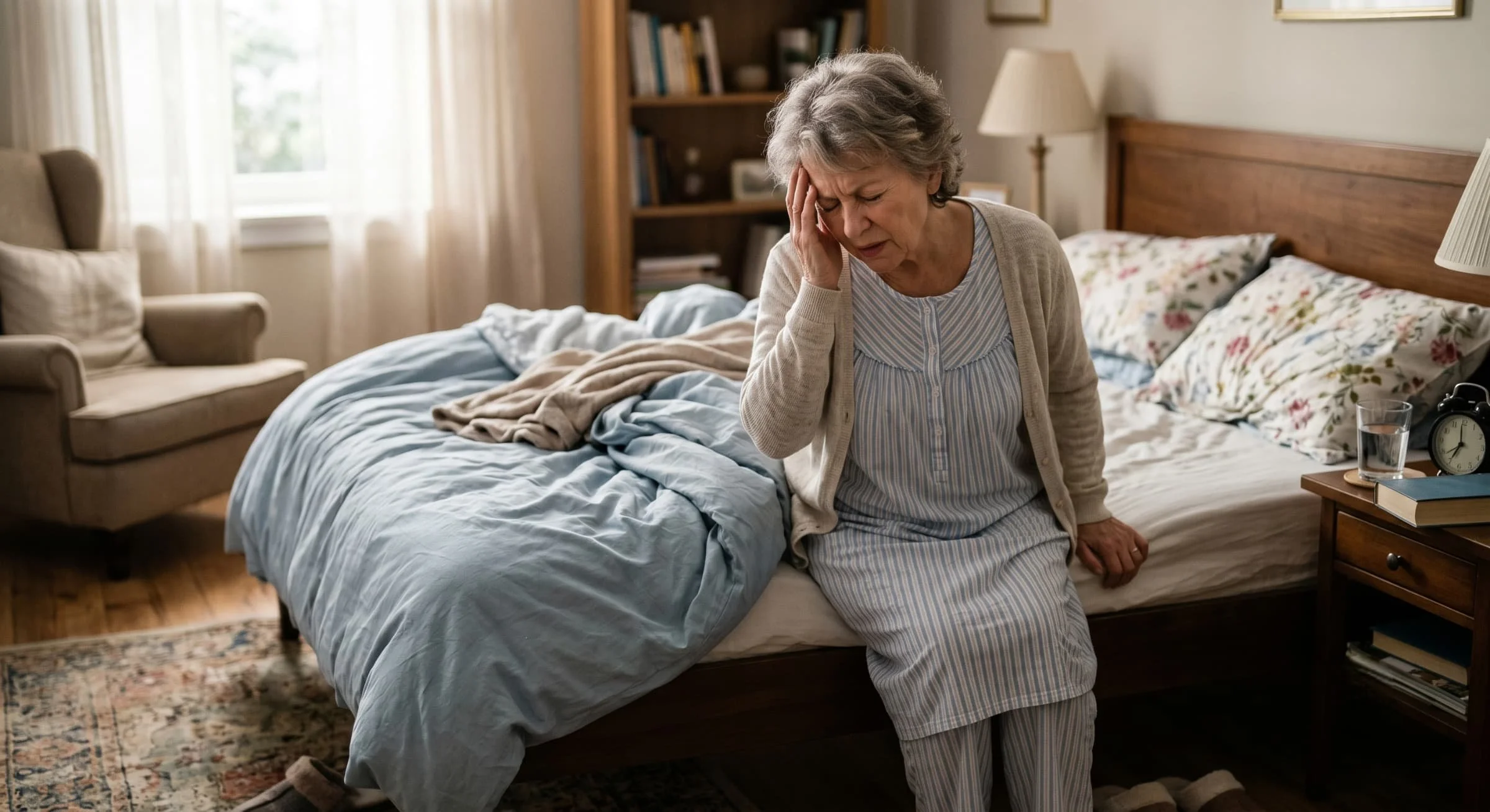 Senior woman holding her head and steadying herself on the bed while feeling dizzy after turning her head