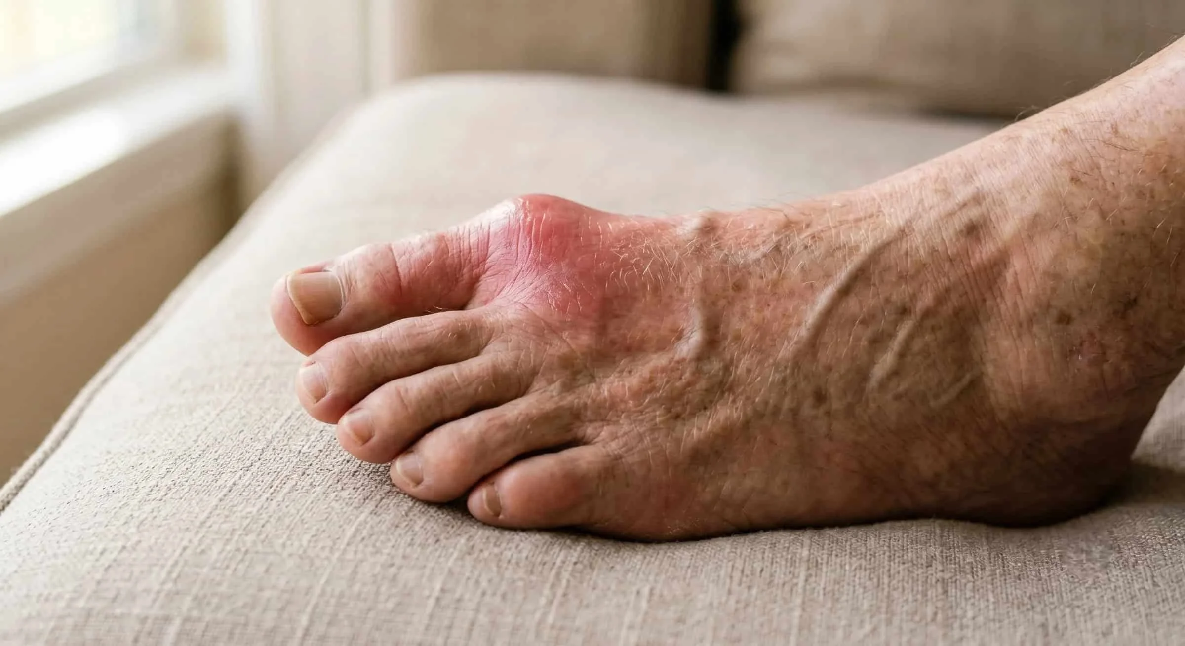 Older adult's foot with a red, swollen big toe joint during a gout flare