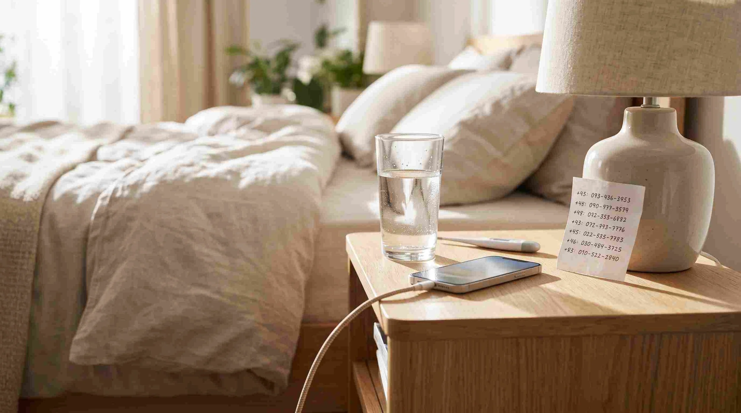 Sunlit bedside table with a glass of water, a thermometer, a charging phone and a handwritten list of phone numbers