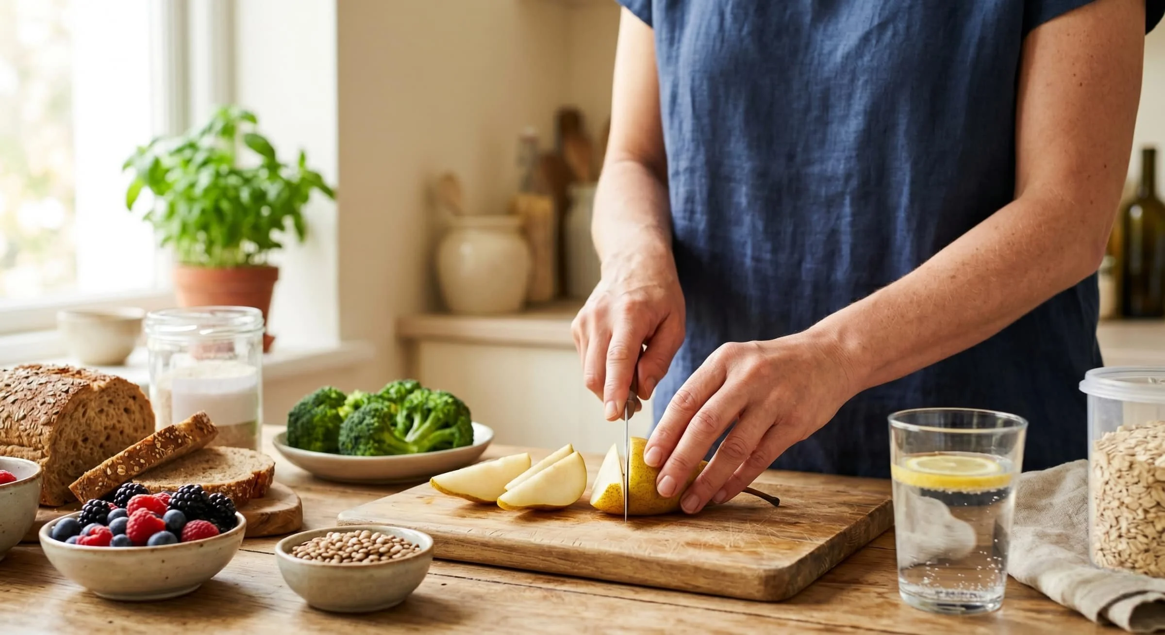 Adult woman's hands slicing fresh pears on a wooden cutting board surrounded by high-fiber foods like berries, whole grains, lentils, and broccoli, representing dietary management for hemorrhoid prevention and relief