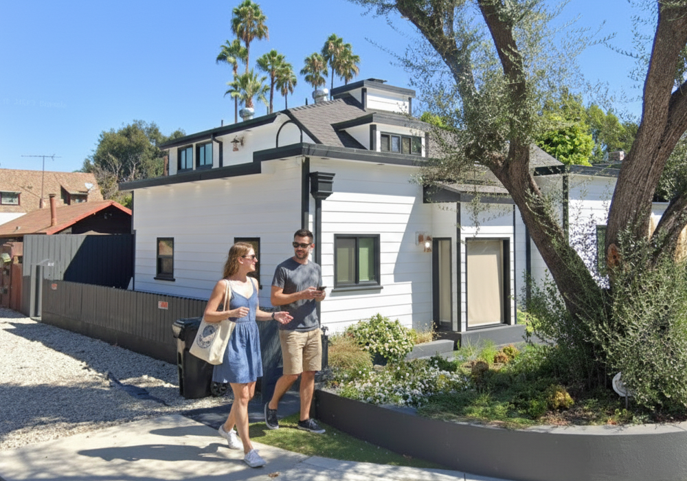 Couple walking past the white modern farmhouse-style vacation home “Dreamy Farmhouse in Studio City” under palm trees on a sunny day in Los Angeles.