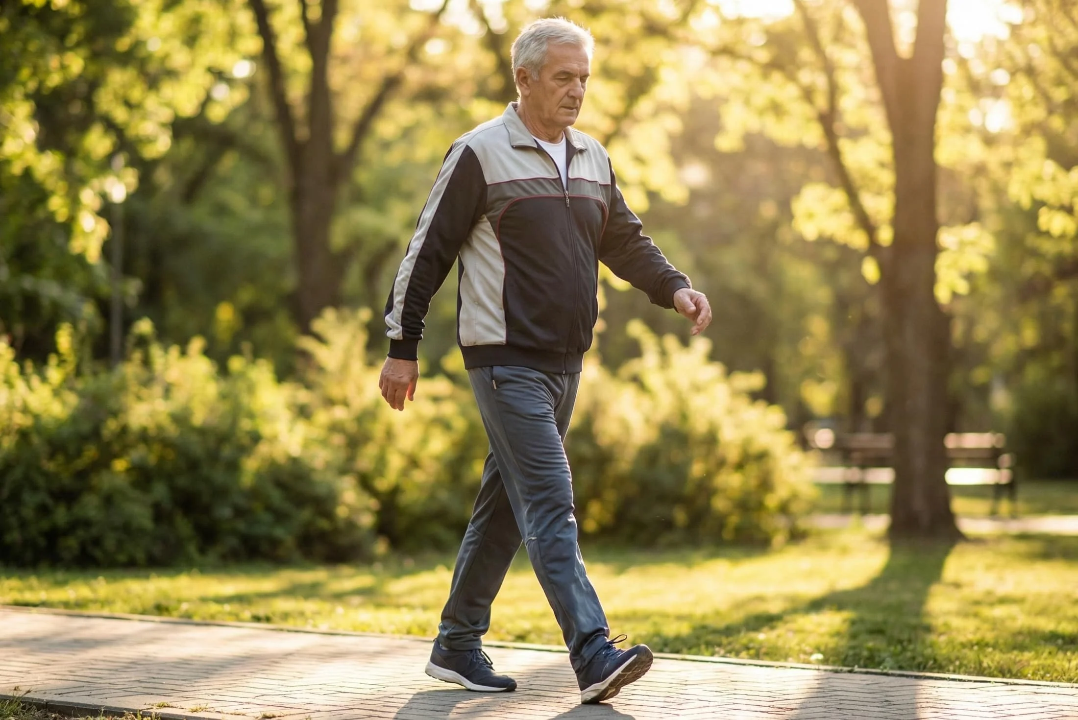 Older adult man walking outdoors on a park path, demonstrating steady gait and balance as part of regular mobility and fall prevention activity.
