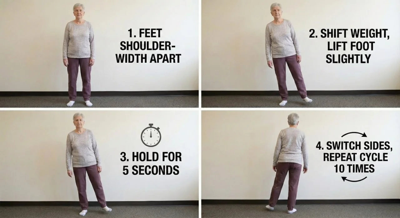 Older adult woman demonstrating weight shift balance exercise, standing with feet shoulder-width apart and lifting one foot slightly, step-by-step guide.