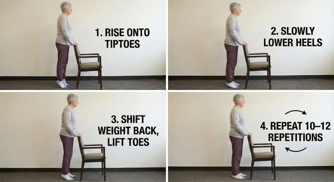 Older adult woman performing toe and heel raises while holding a chair, illustrated step by step to improve ankle strength and balance.
