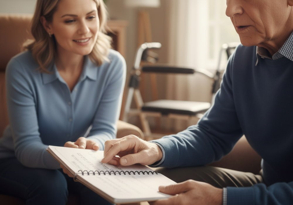 Close-up of a speech therapist helping an older man practice words during an at-home recovery session after a stroke, with focus on their hands and notepad in a warm living room.