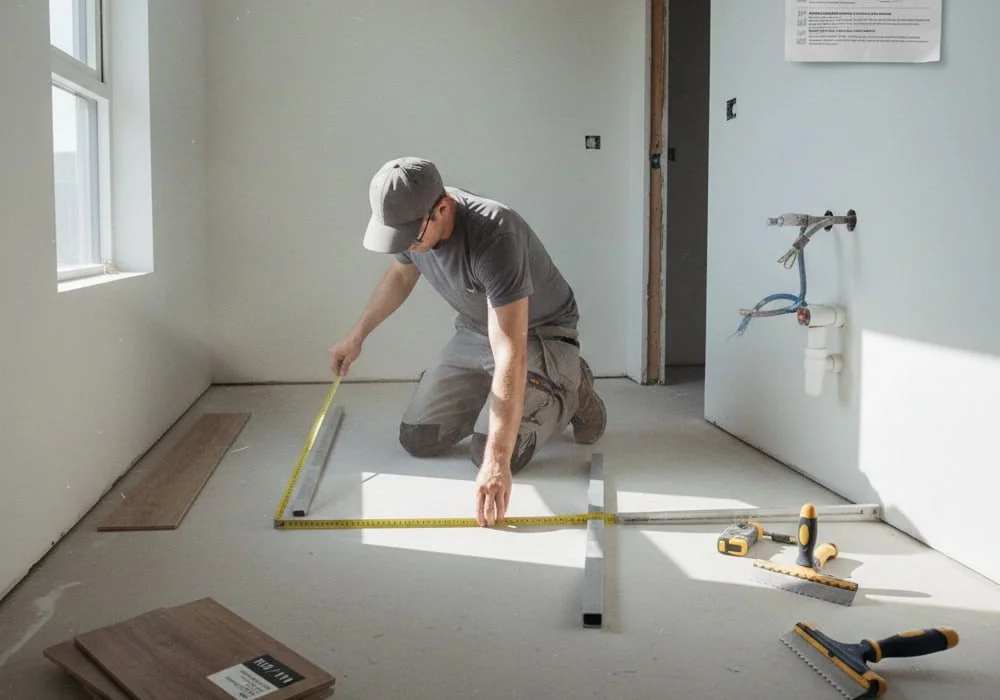 Installer measuring the floor layout before installing non-slip vinyl plank flooring in a bright, unfinished room.