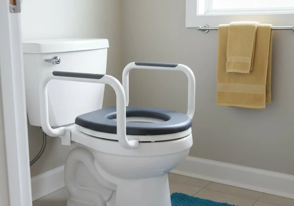 Raised toilet seat with safety armrests in a small bathroom to reduce fall risk for older adults.