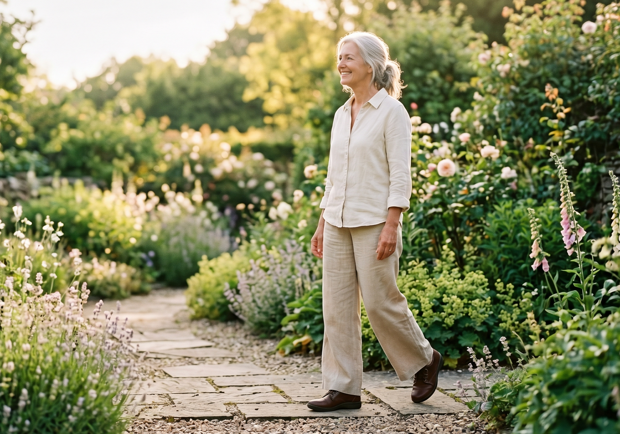 Smiling mature woman with silver hair walking comfortably along a sunlit garden path among blooming flowers — restored mobility and quality of life with gabapentin nerve pain treatment