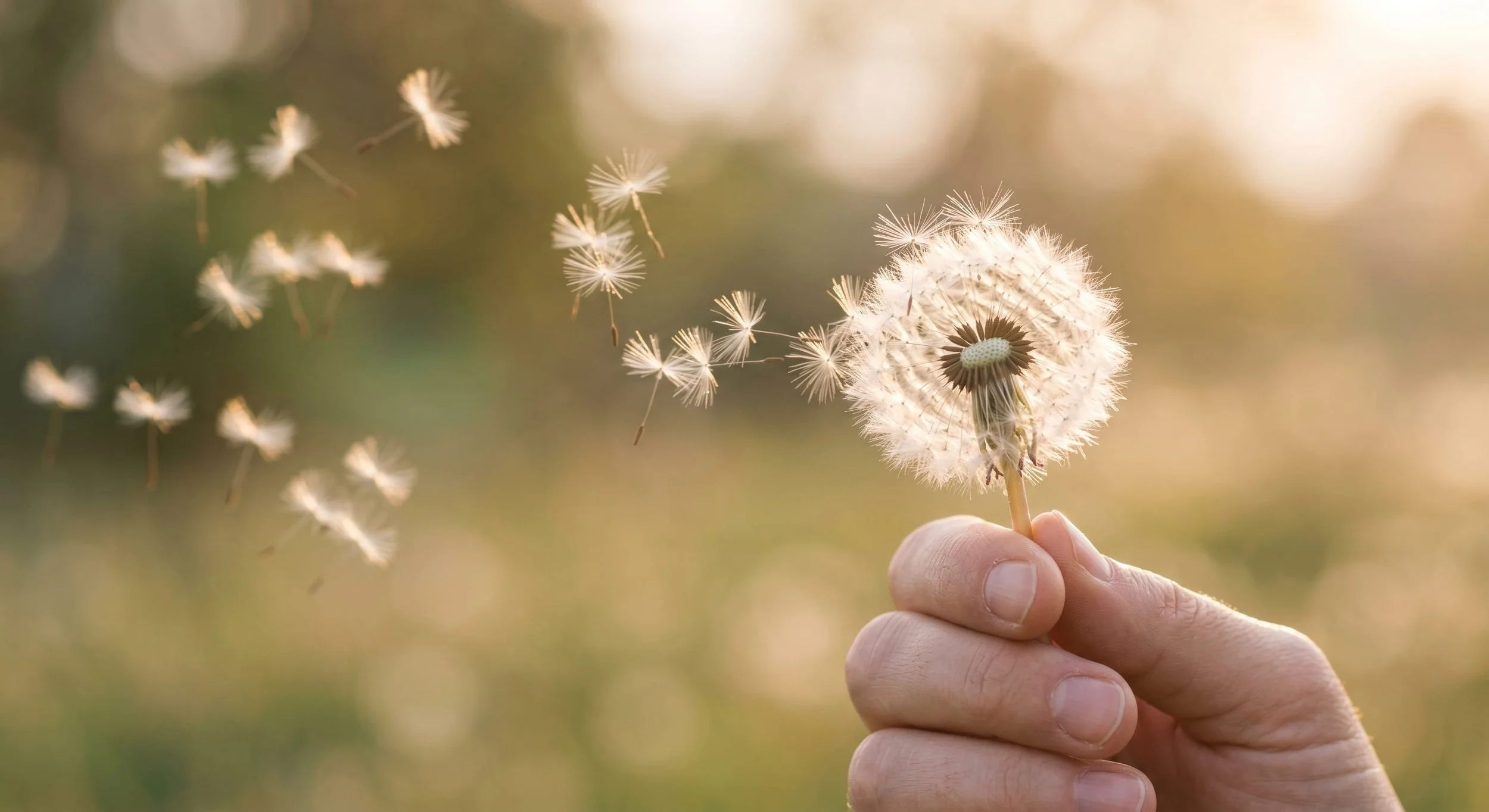 Hand holding a dandelion blowball at sunset with delicate seeds drifting away in the breeze, symbolizing airborne pollen and seasonal allergy triggers