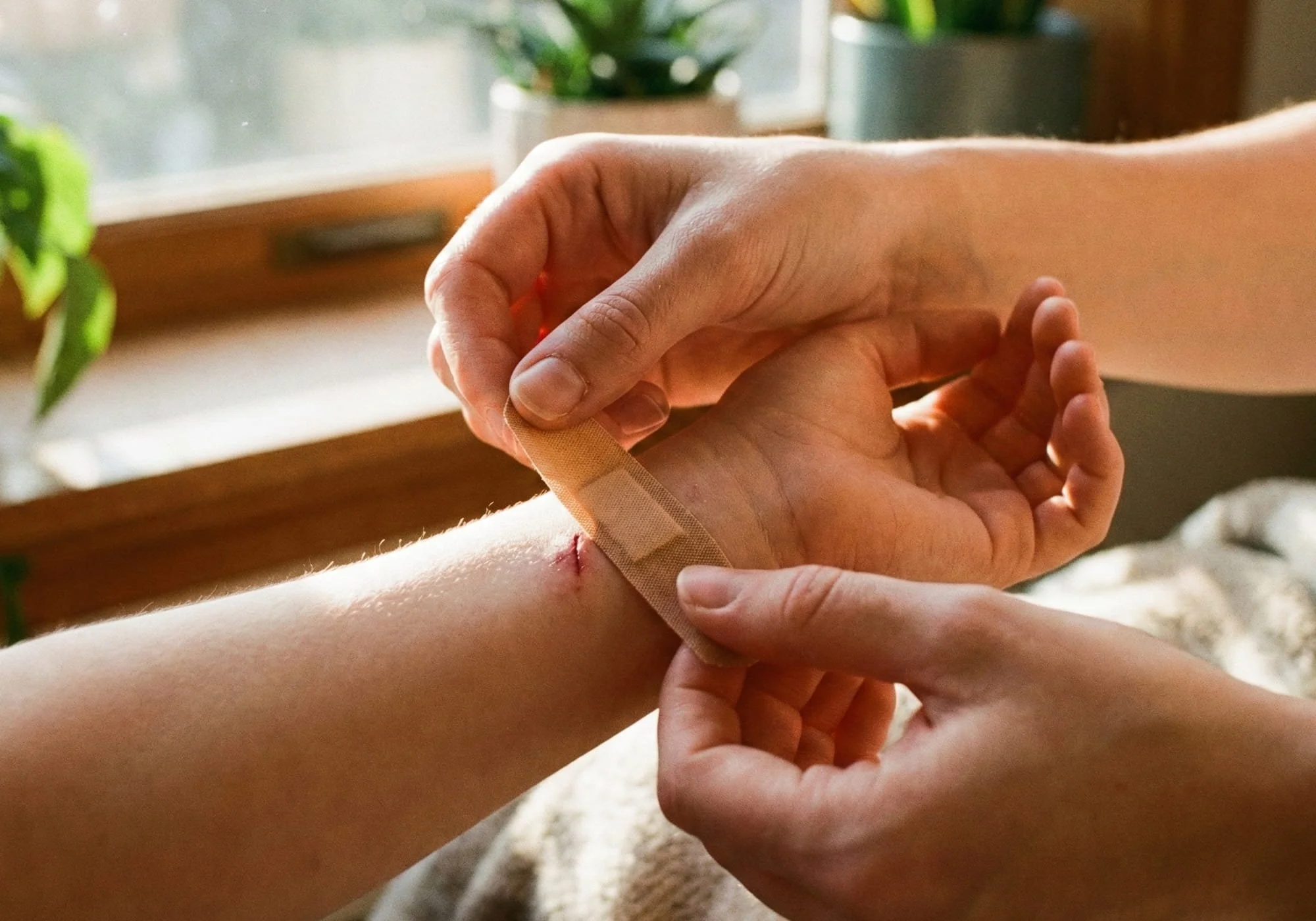 A close-up photograph in warm, natural light showing adult hands carefully applying a tan adhesive bandage over a small cut on another person's wrist. The background is softly blurred with sunlight coming through a window and green plants.