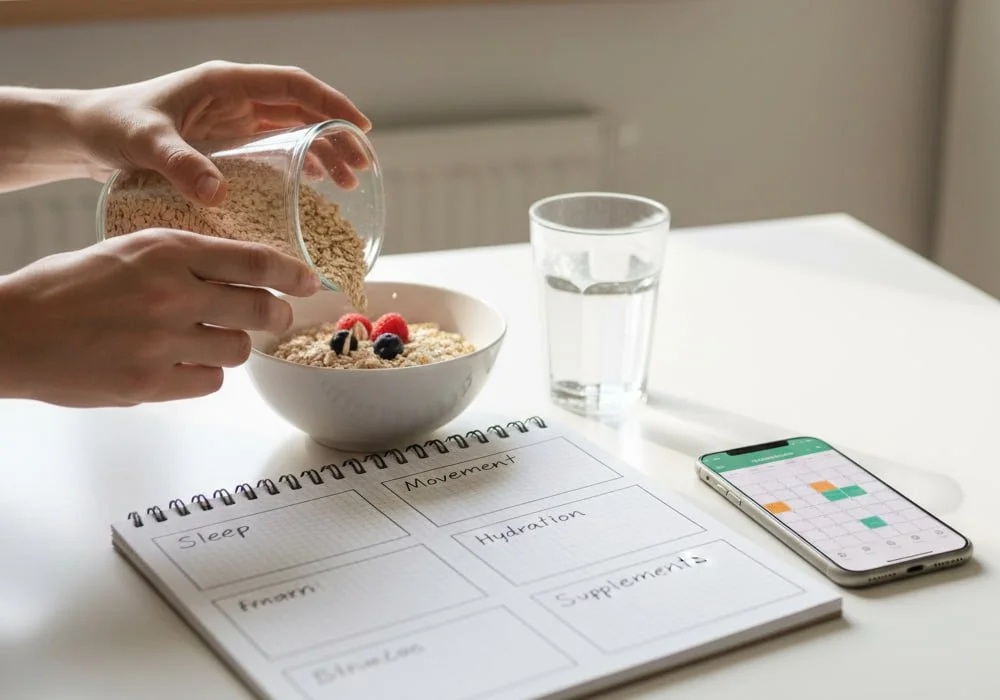 Hands pouring oats into a bowl with berries beside a notebook tracking sleep, movement, hydration, supplements, and a phone calendar for a holistic treatment plan.