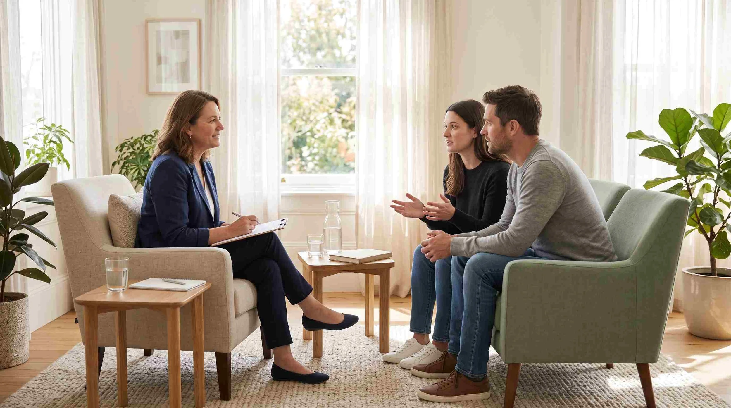 A female therapist holding a clipboard sits opposite a couple engaged in a conversation in a bright, sunlit consulting room with large windows and indoor plants.