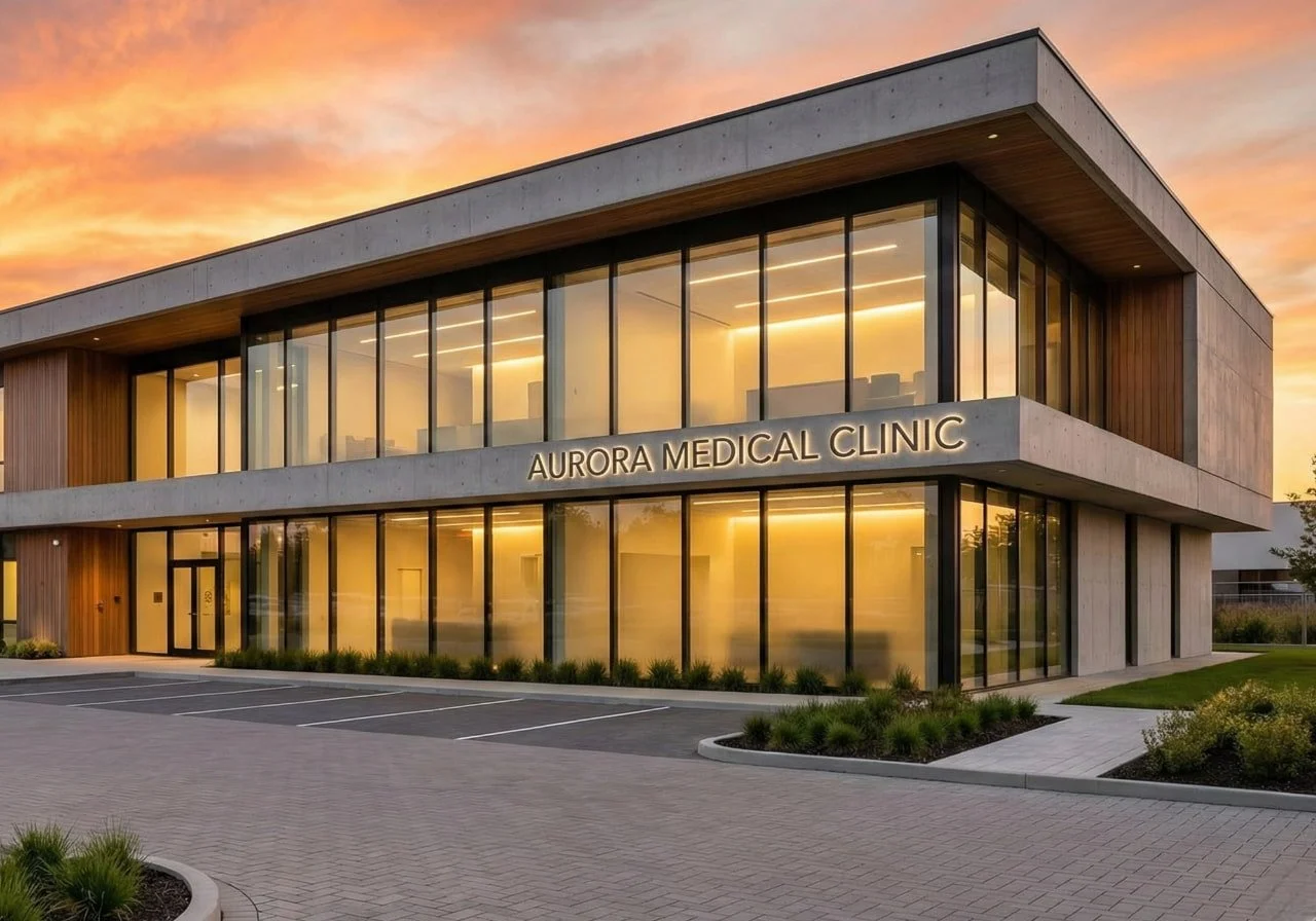 Modern exterior of Aurora Medical Clinic at sunset, showcasing a healthcare facility that could be acquired or expanded using a bridge loan and short term finances.