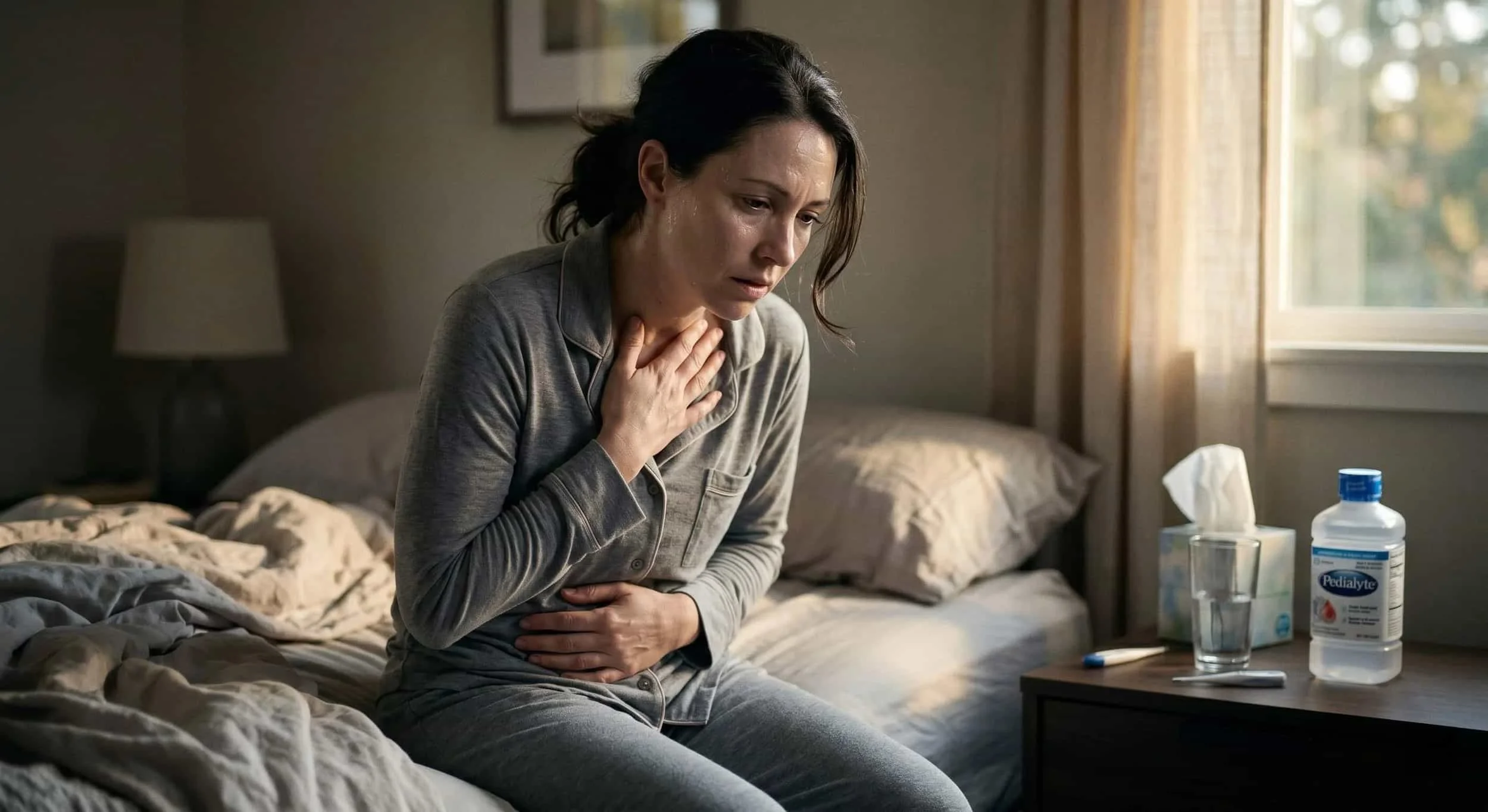 Sick woman in pajamas holding her chest and stomach while dealing with a cough and diarrhea at home