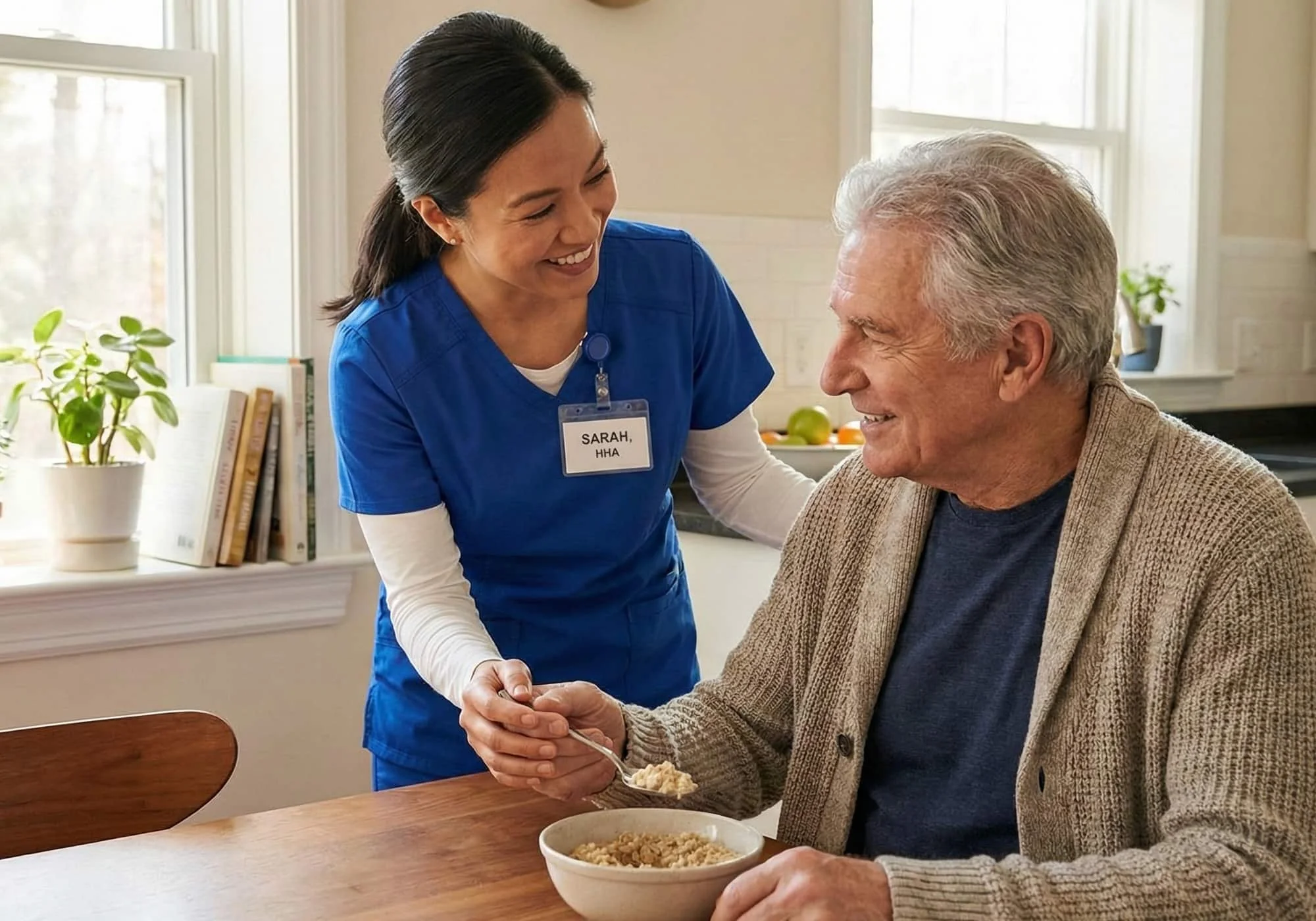 Home health aide assisting an older man with eating breakfast at home