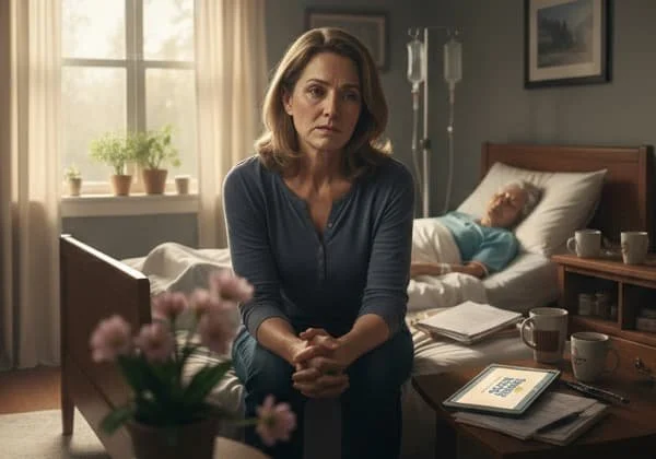 Worried family caregiver sitting at the bedside of an older patient in a home-like bedroom, illustrating emotional strain and caregiver burnout.