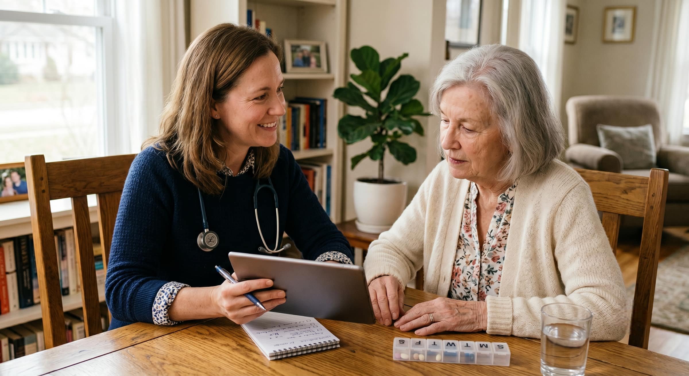 Female physician carefully reviewing a medication list with an elderly woman at her home dining table during an unhurried in-home consultation, representing safe antidepressant management for seniors over 70