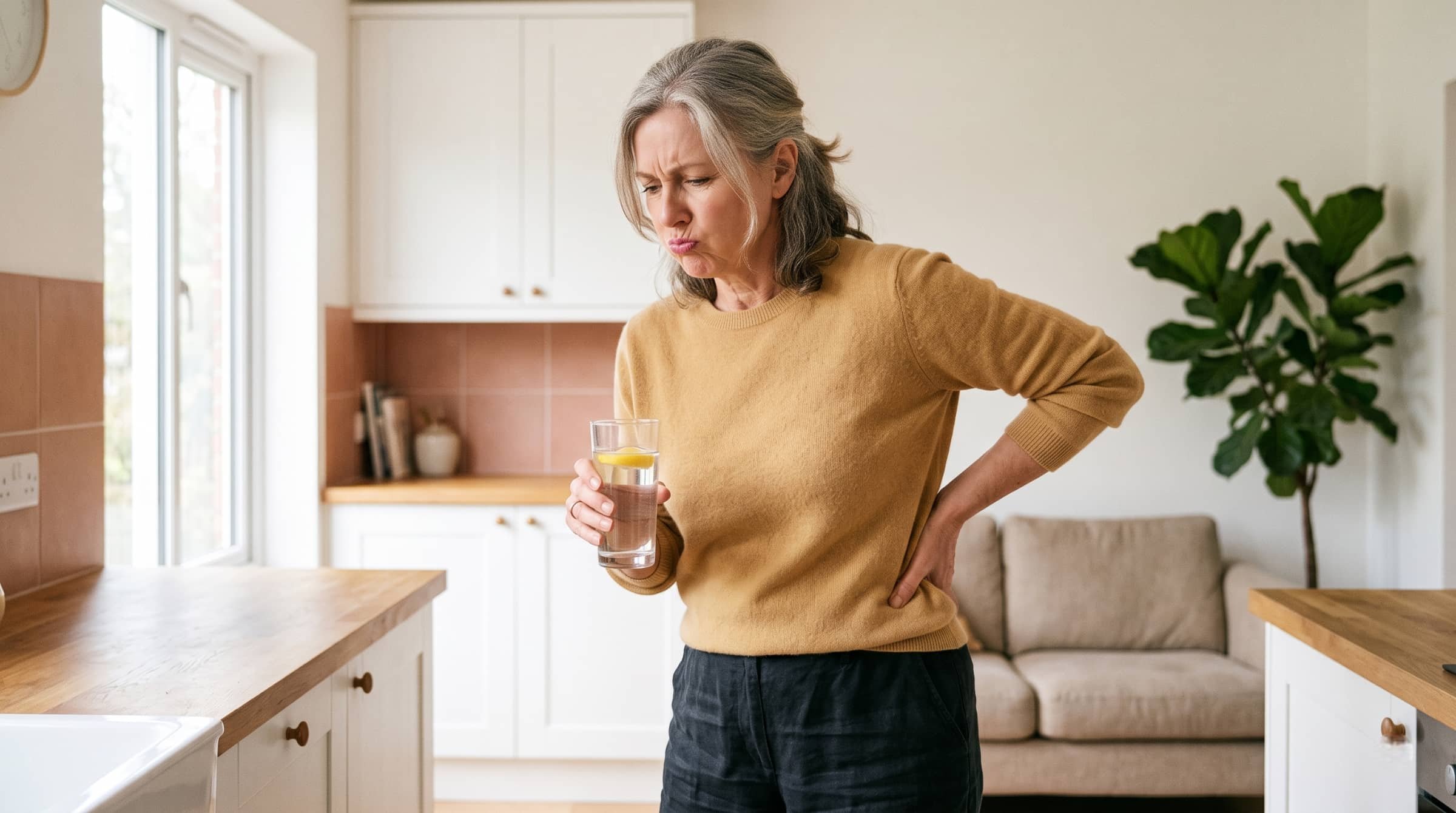 Woman holding her lower back in discomfort from a kidney stone while drinking a glass of lemon water at home