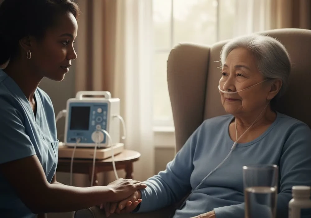 Nurse providing comfort to an elderly woman on oxygen therapy at home with medical equipment nearby