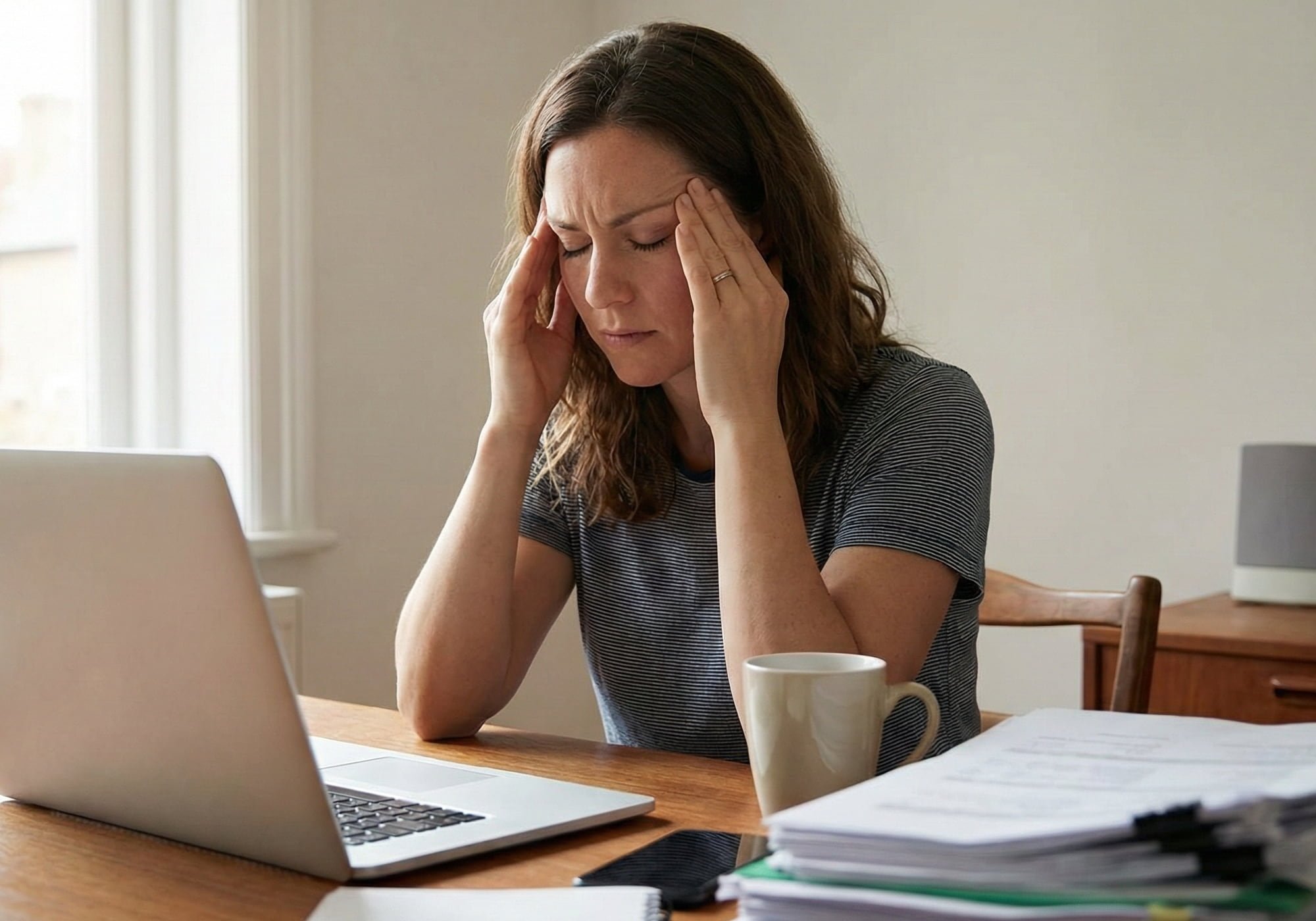Woman experiencing a stress-related tension headache while working at a laptop in a home office setting