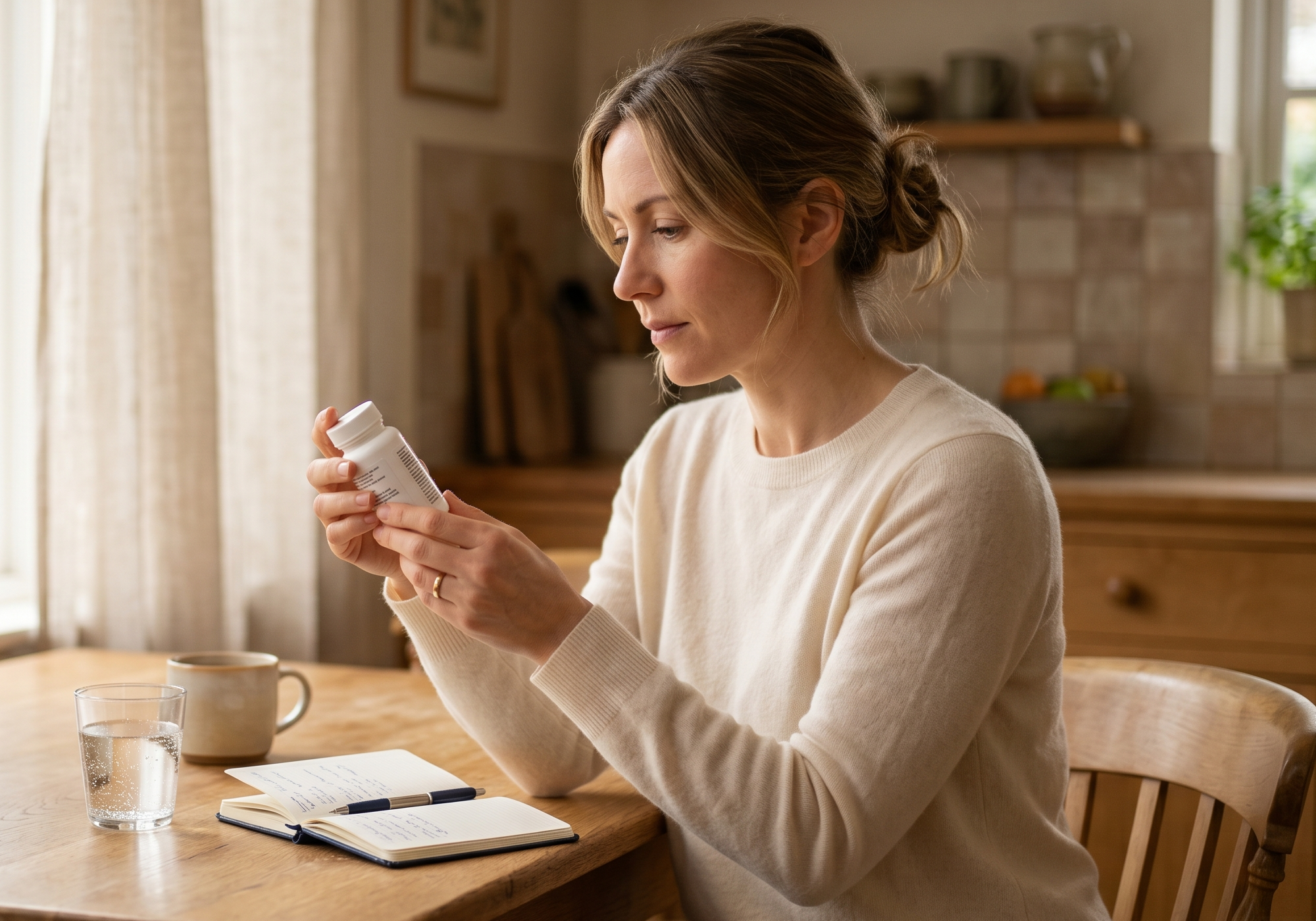 Woman in cream sweater sitting at a wooden kitchen table, carefully reading the label on a medication bottle — checking acetaminophen (APAP) dosage for safe use