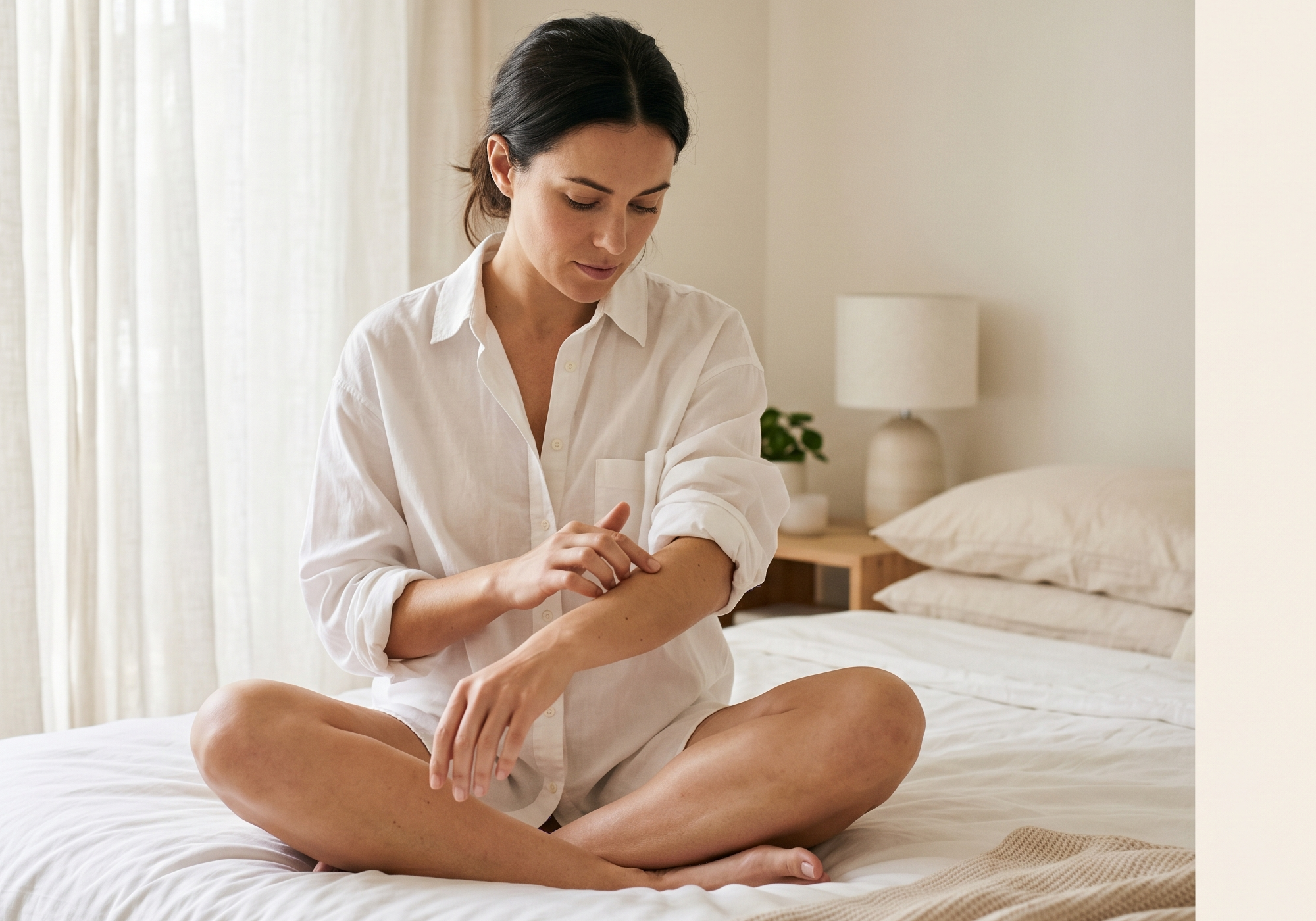 Woman in white linen sleep shirt sitting cross-legged on bed in the morning, examining her forearm — checking skin for bed bug bites or allergic reaction