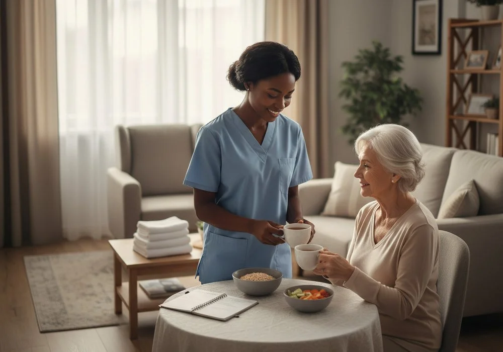 A professional caregiver in blue scrubs serves tea to an older woman during breakfast in a cozy living room, showing warmth and routine care.