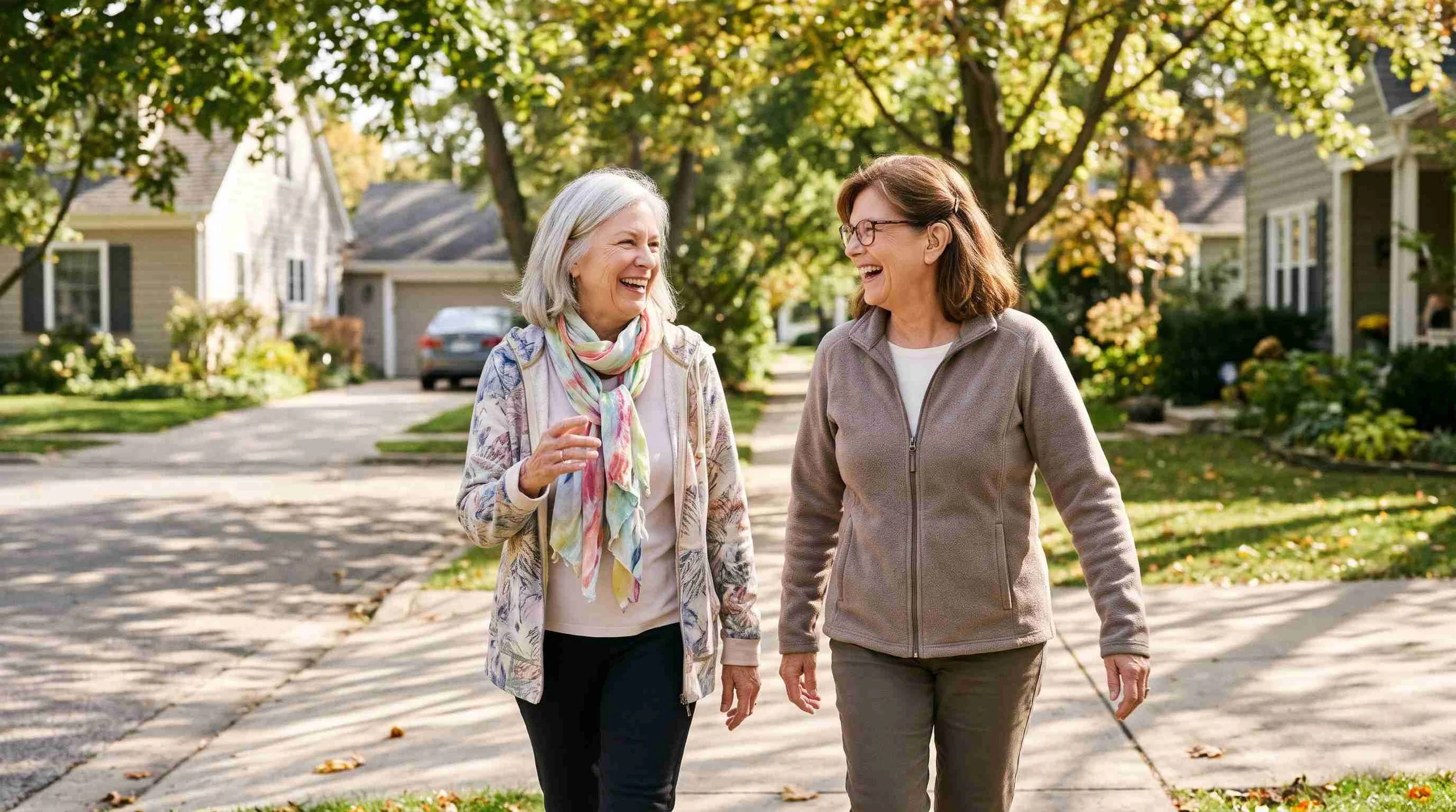 Two older women walking and talking together on a sunlit sidewalk, one wearing a hearing aid