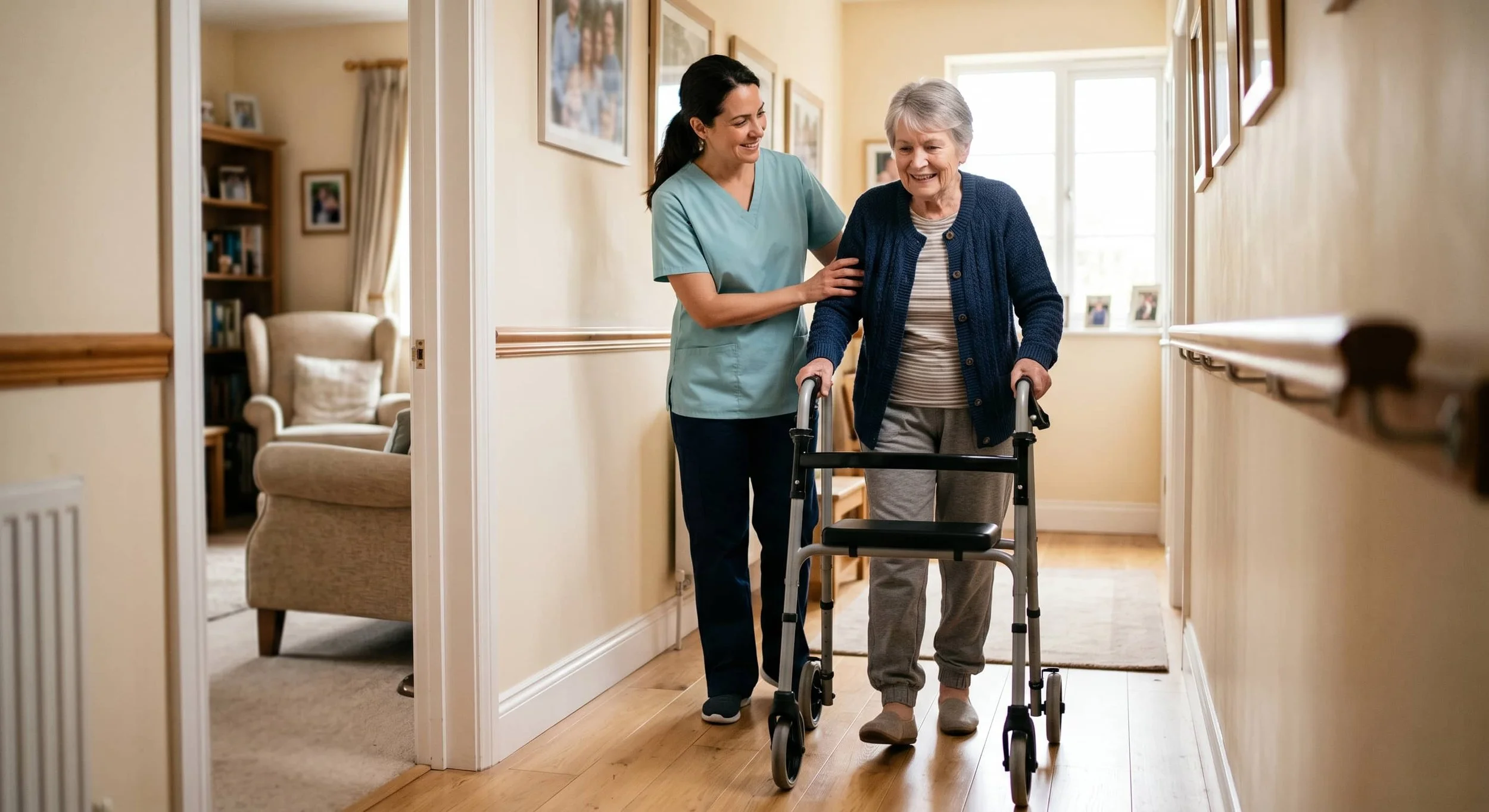 Physical therapist guiding an older stroke survivor as they practice walking with a rollator walker during an in-home rehabilitation session in a sunlit hallway