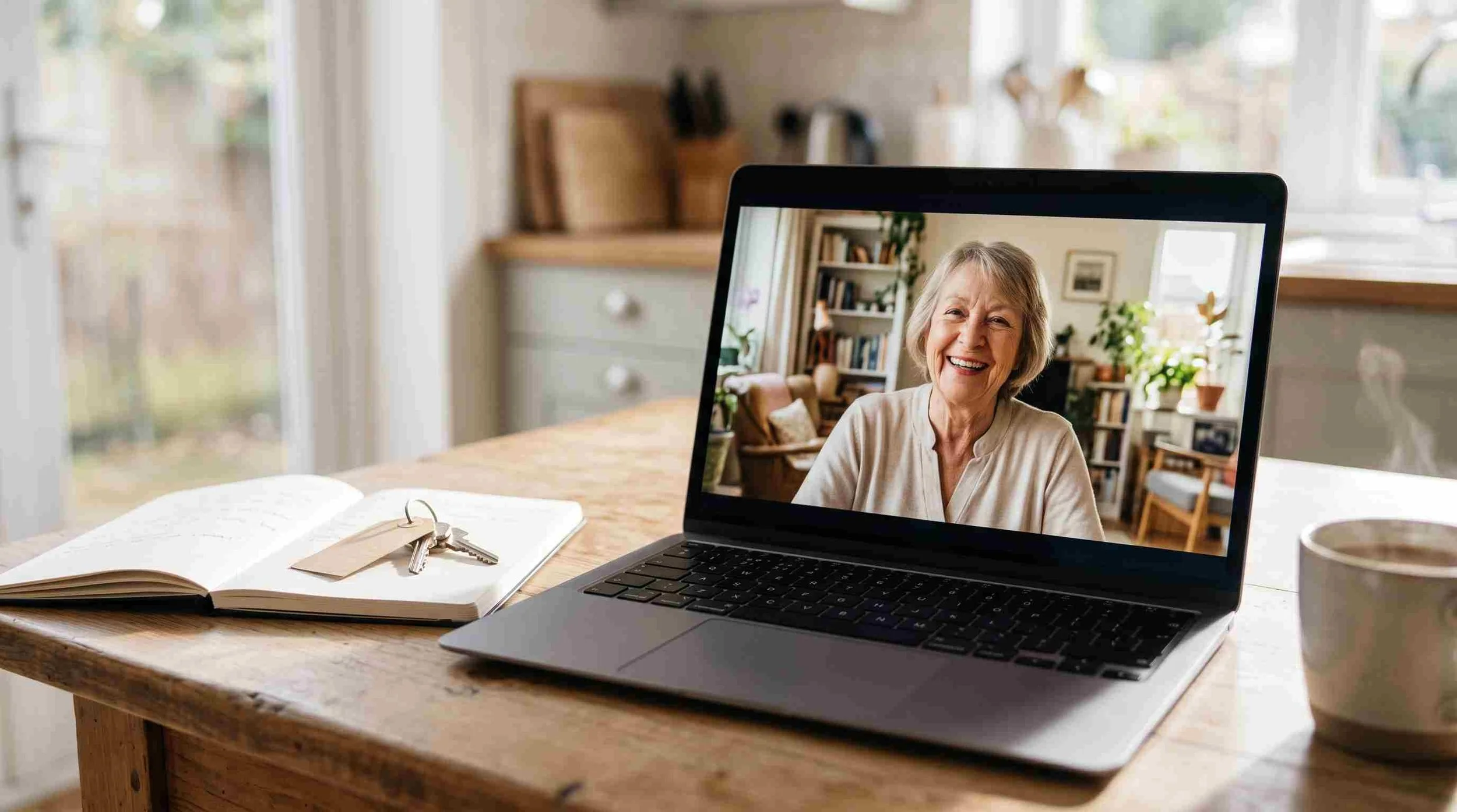 a laptop on a sunlit kitchen table showing a video call with a smiling older woman beside a notebook and a set of keys