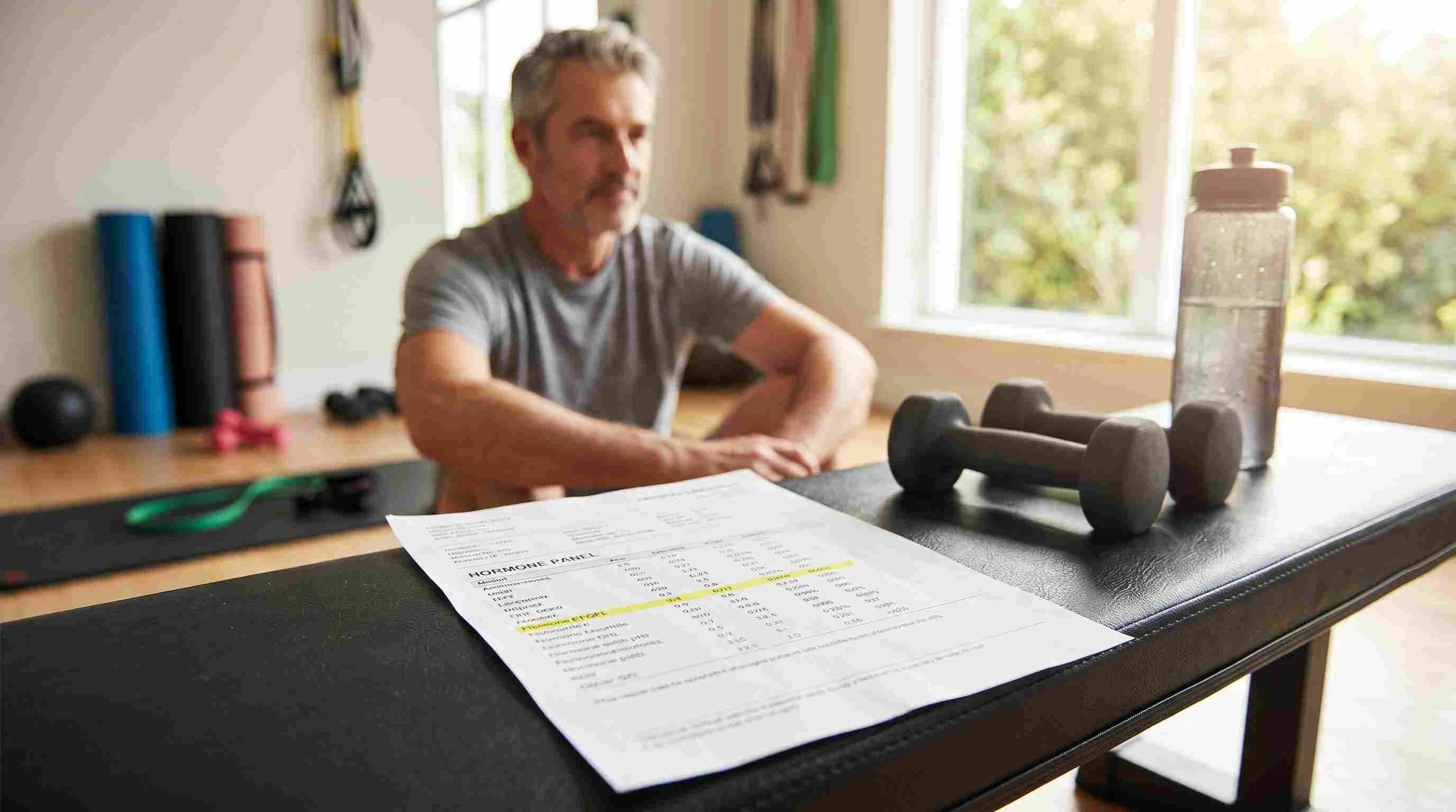 printed hormone lab report on a home gym bench beside dumbbells in morning light